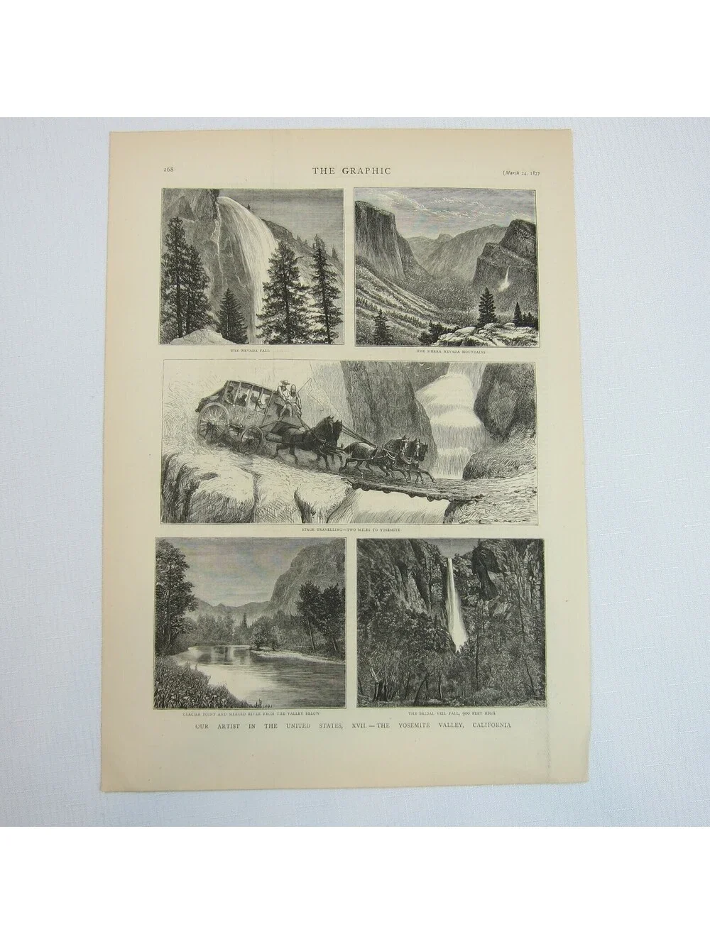 Antique 1877 Print Yosemite Valley California Nevada Fall Sierra, The Graphic